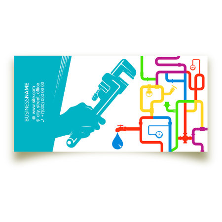 Wrench in hand and colored water pipe system. Business card template for plumberのイラスト素材