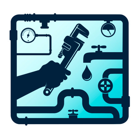 Wrench in hand and plumbing systemの写真素材