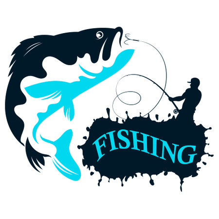 Fisherman with a fishing rod and fish, design for fishingの写真素材