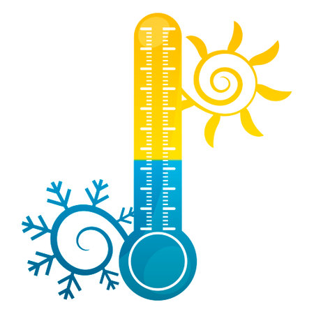 Thermometer yellow sun and blue snowflake, symbol of air conditioning and heatingの写真素材