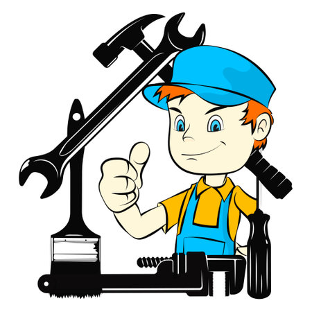 Repair worker in uniform, repair tool symbolの写真素材