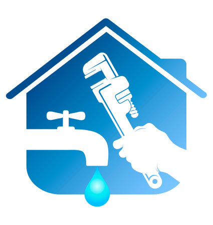Symbol for plumbing repair, wrench in hand and water faucetのイラスト素材