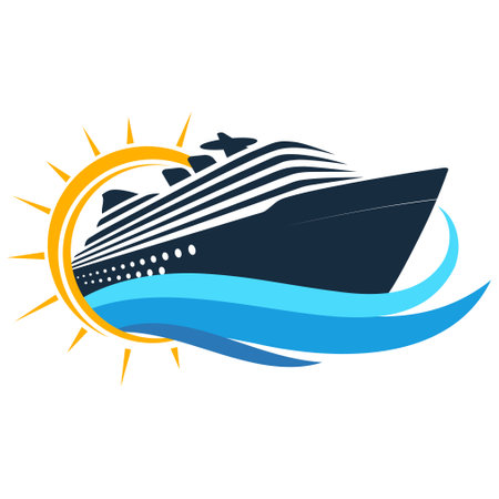 Cruise ship on blue sea waves and sunの写真素材