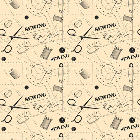 Cutting and sewing pattern background with sewing toolの写真素材