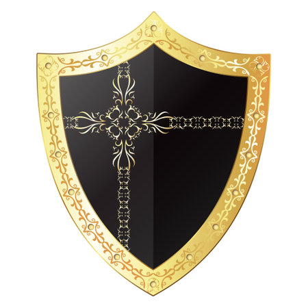 Black shield with gold border with pattern designの写真素材