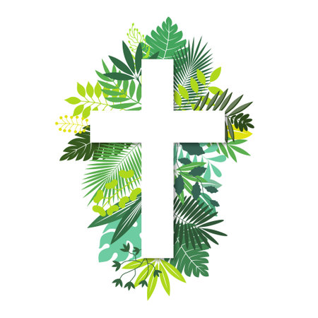 Christian cross and green leaves in the backgroundの写真素材