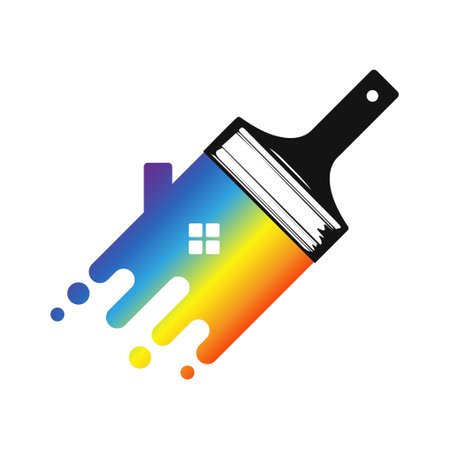 Paintbrush with streaks and drops of colored paint in the shape of a houseの写真素材