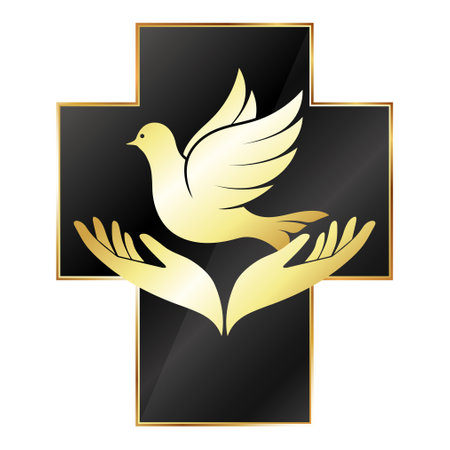 Praying hands, dove and Christian crossの写真素材