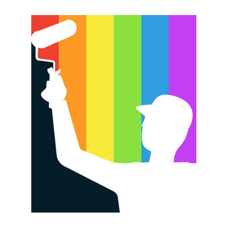 Painter with roller paints and colored stripes of paint symbolの写真素材