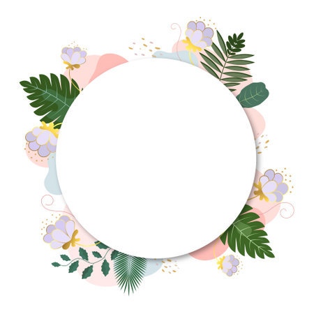 Round banner with flowers and green leavesの写真素材
