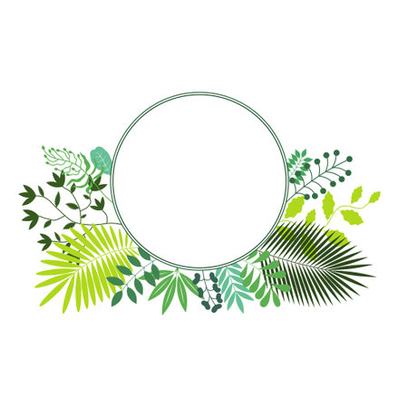 Round banner with flowers and green plant leavesの写真素材