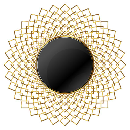 Round black circle with golden rays decorationsの写真素材