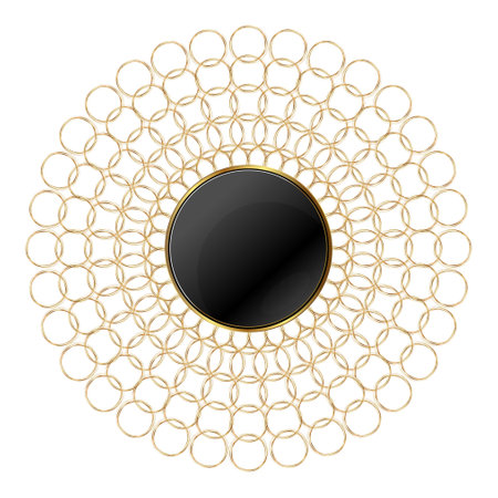 Round black circle with gold rings rays decorationsの写真素材