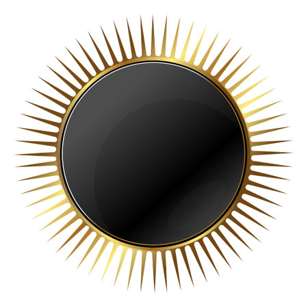Round black banner with golden frame and raysの写真素材