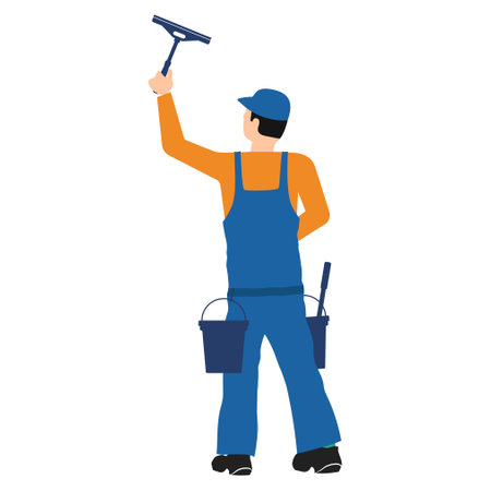 Window cleaner worker in uniform with toolの写真素材