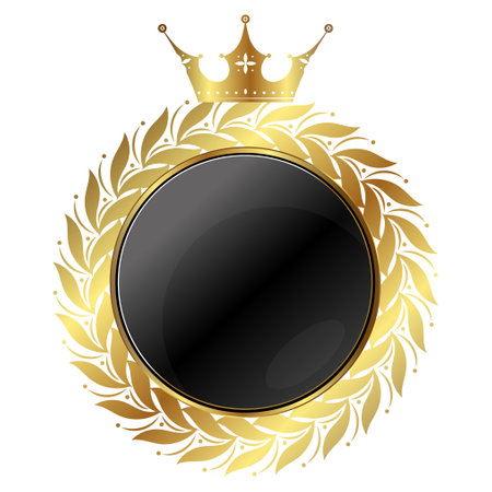Black circle with golden wreath and beautiful crownの写真素材