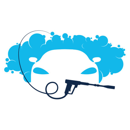 Car, wash gun and blue bubbles symbolの写真素材