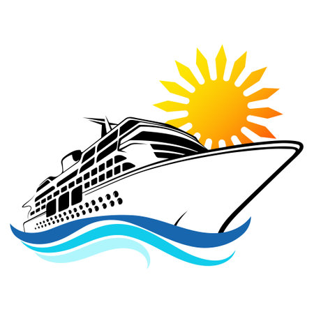 Big cruise sea liner on blue waves and yellow sunの写真素材