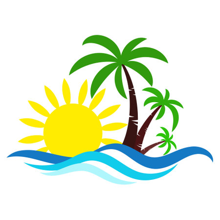 Blue waves, yellow sun and green palm trees. Paradise island designの写真素材