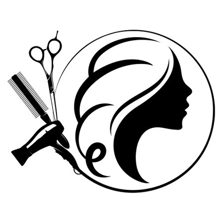 Silhouette of a girl with hairstyle, scissors, comb and hairdryerの写真素材