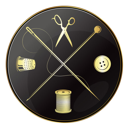 Round gold sign with needle and sewing accessoriesの写真素材