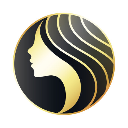 Silhouette of a girl in a circle, gold on a black backgroundの写真素材