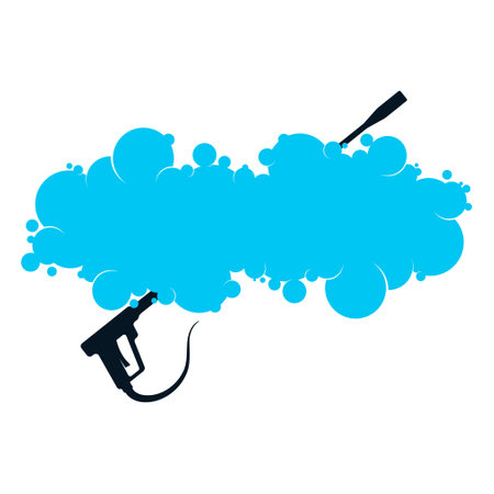 Wash gun and blue water bubbles power wash symbolの写真素材