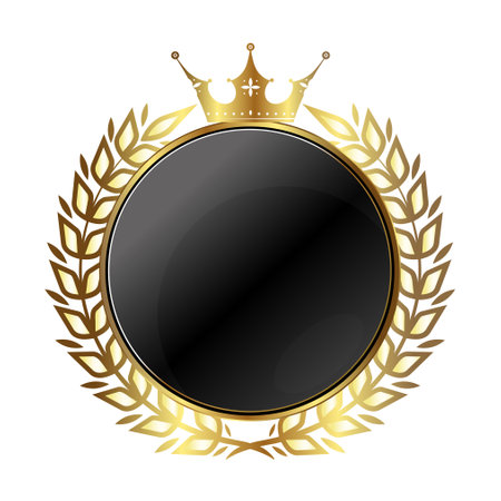 Round black banner with golden laurel wreath and crownの写真素材