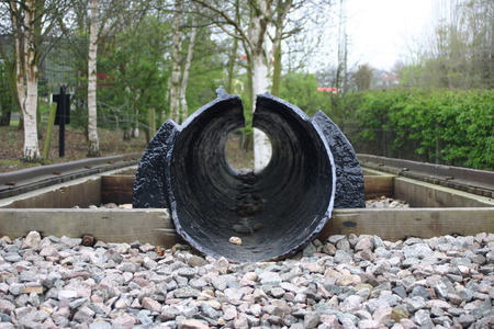 Profile view of an historic prototype railway trackの写真素材