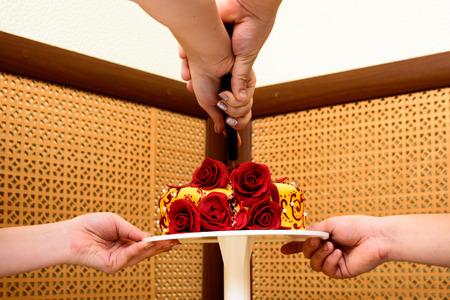 the bride and groom cut the wedding cakeの写真素材