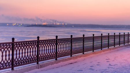 beautiful winter colorful sunset on the riverの写真素材