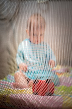 Cute kid playing with toys in a playpenの写真素材