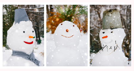 festive snowmen fashioned children standing in yardの写真素材