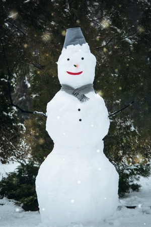 festive snowman fashioned children standing in yardの写真素材