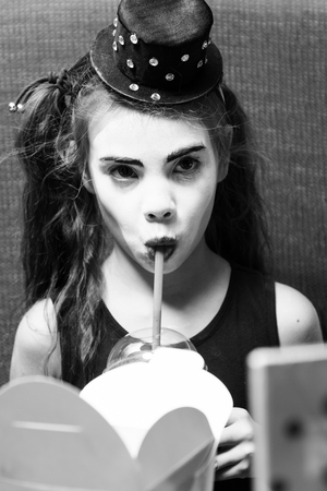 lovely girl in coffee drinks berry smoothiesの写真素材