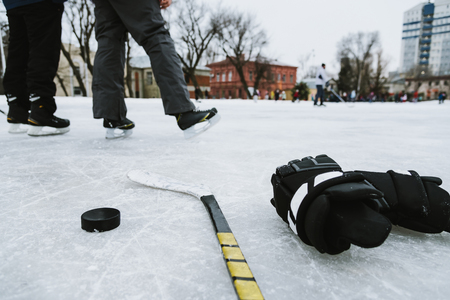 Accessories for hockey games are on the iceの写真素材