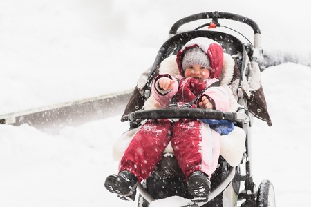 the child sits in a stroller during snowfall