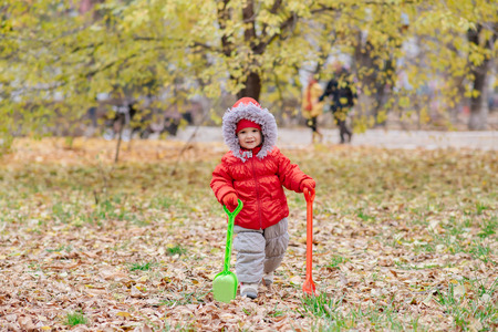 A small child with a rake and a shovel walks in the parkの写真素材