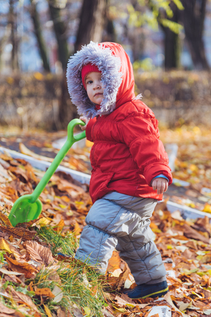 a small child walks in the park with a shovelの写真素材