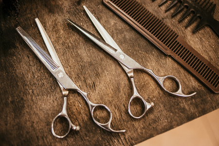 hairdresser accessories are on the shelf in the salonの写真素材