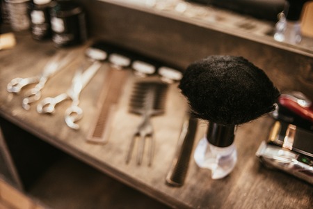 hairdresser accessories are on the shelf in the salonの写真素材
