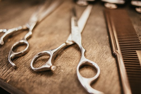 hairdresser accessories are on the shelf in the salonの写真素材