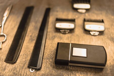 hairdresser accessories are on the shelf in the salon