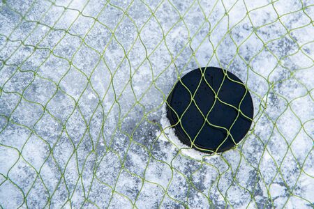 Hockey puck in goal at the stadium