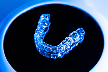 Invisible aligner teeth retainers lie on the mirror in orthodontic office