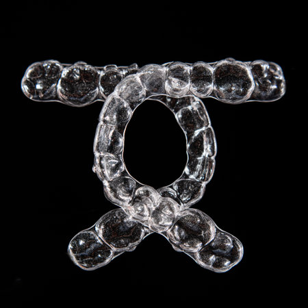 Invisible dental teeth brackets tooth aligners on black background. Plastic braces dentistry...