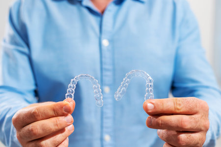 The dentist doctor holds transparent aligners in his handsの写真素材
