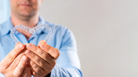 Doctor orthodontist makes a heart shape from aligners for teeth