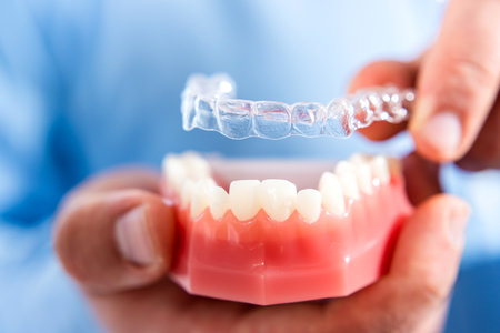 Close-up. The doctor puts transparent aligners on the teeth of the artificial jaw