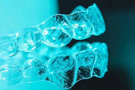 Invisible aligner teeth retainers on a blue background